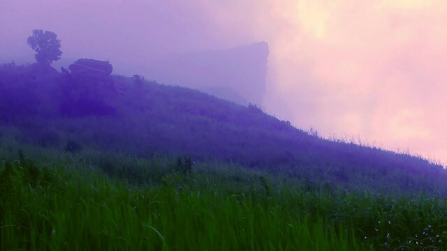 4K Time lapse, Beautiful morning mist and motion grass with Phu Chi Fa mount in backgroud.