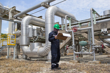 Naklejka premium Male worker inspection pipeline oil