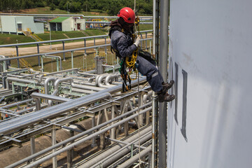 male worker rope access  inspection of thickness storage tank industry