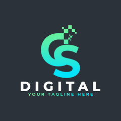 Tech Letter CS Logo. Blue and Green Geometric Shape with Square Pixel Dots. Usable for Business and Technology Logos. Design Ideas Template Element.
