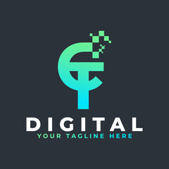 Fototapeta premium Tech Letter CT Logo. Blue and Green Geometric Shape with Square Pixel Dots. Usable for Business and Technology Logos. Design Ideas Template Element.