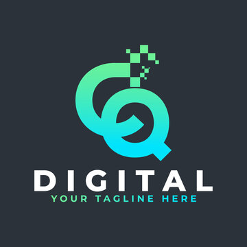 Tech Letter CQ Logo. Blue and Green Geometric Shape with Square Pixel Dots. Usable for Business and Technology Logos. Design Ideas Template Element.
