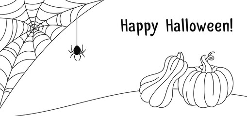 Halloween card, pumpkin cobweb and spider doodle line drawing. Banner contour pumpkins scary spider and web. Decoration for creepy horror design confusion Happy Halloween vector