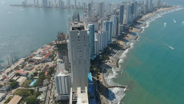 Aerial view of Cartagena city, Colombia. Cartagena is a Colombian port city on the Caribbean coast. Thanks to its tropical climate, Cartagena is popular with beach lovers.