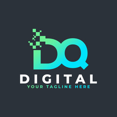 Tech Letter DQ Logo. Blue and Green Geometric Shape with Square Pixel Dots. Usable for Business and Technology Logos. Design Ideas Template Element.