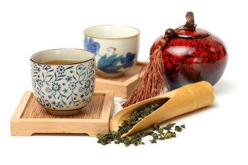 Closeup of tea set on white background 