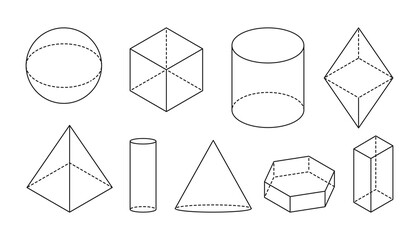 Volumetric basic geometric shapes. Black linear simple 3d figure with dashed invisible shape lines. Isometric views ball or cube, cylinder or pyramid and other. Isolated on white vector illustration