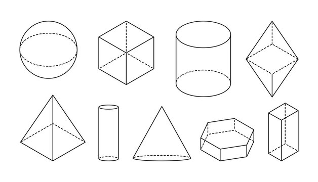 Volumetric basic geometric shapes. Black linear simple 3d figure with dashed invisible shape lines. Isometric views ball or cube, cylinder or pyramid and other. Isolated on white vector illustration
