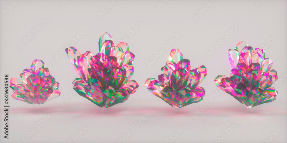Poster a set of crystals demonstrating the effect of light scattering and dispersion. 3d illustration.