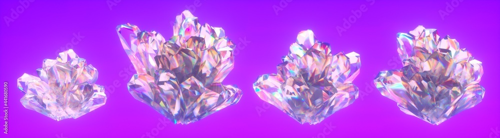 Poster a set of crystals demonstrating the effect of light scattering and dispersion. 3d illustration.