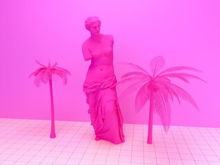 Statue of Venus de Milo with palm trees in neon lighting. Surreal room interior with ancient greek sculpture Aphrodite in vaporwave style. 3D illustration. © local_doctor