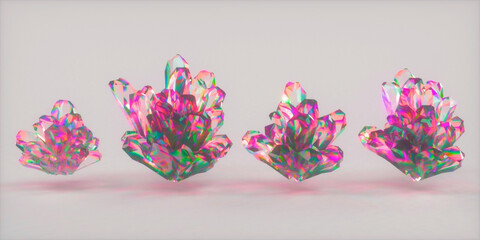 A set of crystals demonstrating the effect of light scattering and dispersion. 3D illustration.
