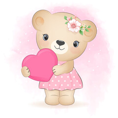 Cute bear and heart cartoon hand drawn illustration