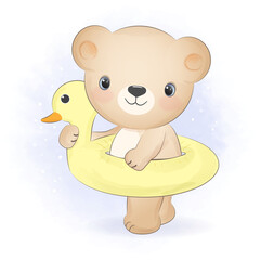 Cute little bear with a swim inflatable rubber ring illustration