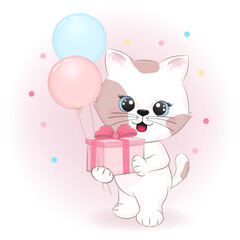 Cute kitten holding gift box and balloons hand drawn illustration