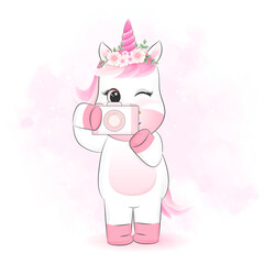 Cute unicorn with camera cartoon illustration