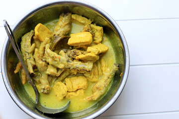 Top View Opor Ceker  Ayam Kampung with Tofu on a Bowl. Opor is Yellow Curry typically from Melayu, Indonesia, or Malaysia Cuisine. Copy Space for Text
