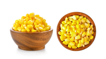 sweet corn seeds in wood bowl on white background
