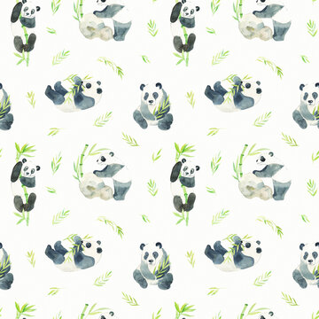 Baby seamless pattern. Cartoon panda bears with bamboo. Hand drawn watercolor illustration isolated on white background.