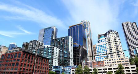Fototapeta na wymiar Seattle: Downtown Seattle Skyline looking up from the waterfront