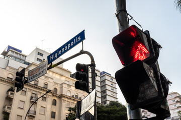 Pedestrian traffic light on the corners of Higienopolis and Angelica avenues, in the Higienopolis...