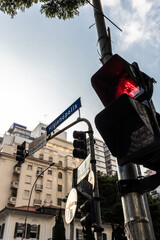 Pedestrian traffic light on the corners of Higienopolis and Angelica avenues, in the Higienopolis...