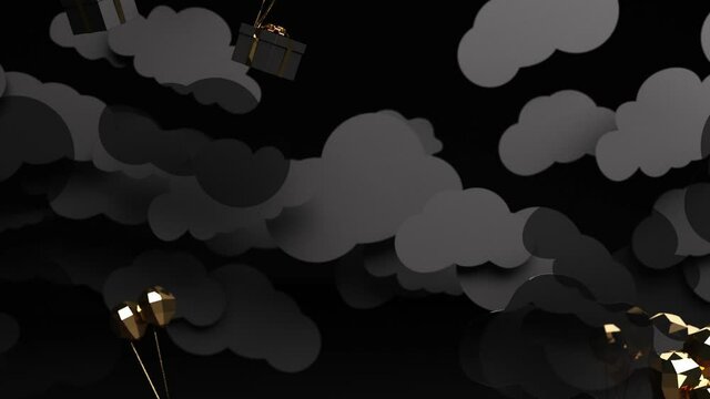 dark gift boxes tied with gold balloons Fell from the sky Through the moving clouds on black background 3d rendering animation loop