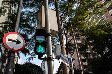 Pedestrian traffic light on the corners of Higienopolis and Angelica avenues, in the Higienopolis...