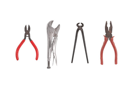Old used pliers tools set isolated on white background, clipping path included for design