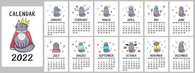 Wall calendar 2022 with cute cats in flat style. Different cats for every month. Set of 12 pages
 - obrazy, fototapety, plakaty