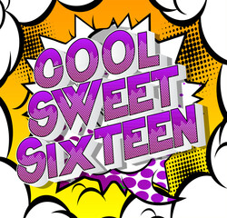 Cool Sweet Sixteen text on comic book background. Retro pop art comic style social media post, motion poster for the 16th birthday.