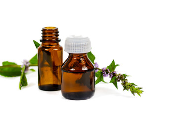brown bottles with flowered mint branch on white background