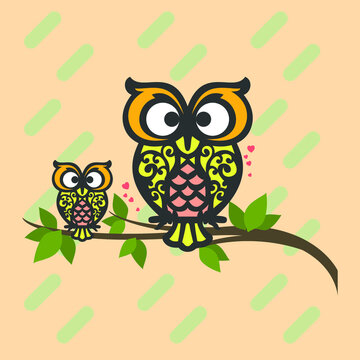 Romantic Cute Owl with Tree vector illustration