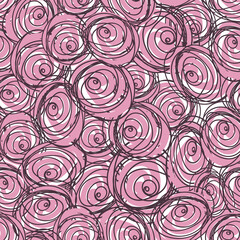 Seamless pattern with child doodle roses. Pattern with violet swirls on a rose and white backdrops. Can be used for textile prints, cards, wrapping paper. Vector illustration, eps 10.