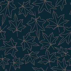 Seamless elegant pattern with outline rose gold maple leaves on a dark green background. The pattern can be used for wrapping papers, cards, wallpapers, covers, textile prints. Vector illustration