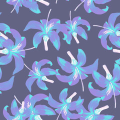 Fototapeta na wymiar Indigo Seamless Nature. Blue Pattern Background. Azure Tropical Foliage. Cobalt Flower Painting. Navy Floral Exotic. Flora Design. Spring Nature. Garden Leaves