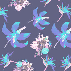 Fototapeta na wymiar Violet Pattern Leaf. Blue Tropical Vintage. Navy Floral Leaf. Cobalt Flora Textile. Purple Decoration Palm. Indigo Wallpaper Design. Coral Spring Texture.