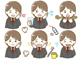 口の中に異常がある、スーツ姿の太った若い男性