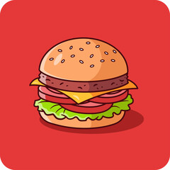 Beef Hamburger with Tomatoes and Vegetables, isolated icon and flat design on red background.