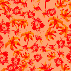 Scarlet Pattern Illustration. Coral Seamless Exotic. Pink Tropical Foliage. Red Flower Textile. Ruby Wallpaper Texture. Decoration Background. Watercolor Art.
