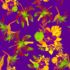 Yellow Pattern Palm. Plum Seamless Botanical. Violet Tropical Illustration. Purple Flower Painting. Lavender Decoration Plant. Spring Background. Garden Vintage.