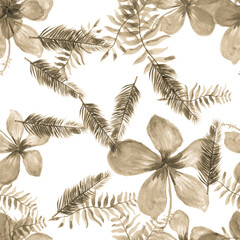 Naklejka premium Gray Seamless Hibiscus. Brown Pattern Texture. Blue Tropical Illustration .Flower Leaf. Drawing Illustration. Flora Palm. Wallpaper Hibiscus. Spring Palm.