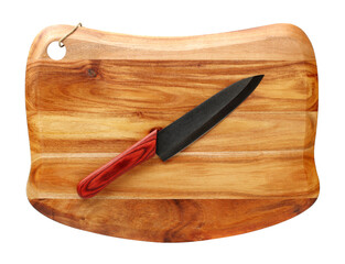 Knife on cutting board on white background