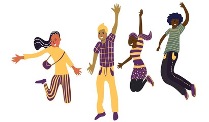 Happy diverse female friends putting hands together vector flat illustration. Group of smiling woman enjoying friendship, support and cooperation isolated. Funny people demonstrate gesture of unity