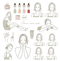ビューティー　スキンケアする女性のイラストレーションセット
