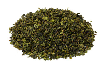  dry green tea leaves on white background 