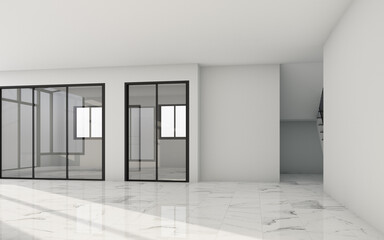 Empty white room with windows and sunlight and white stone tiled floor. 3d rendering