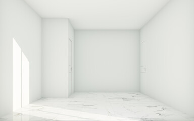 Empty white room with windows and sunlight and white stone tiled floor. 3d rendering
