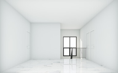 Empty white room with windows and sunlight and white stone tiled floor. 3d rendering