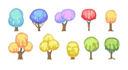 Set of fabulous sweet trees. For landscapes with multi-colored caramel, ice cream or jelly. Perspiration. Childrens fun illustration. Cartoon style. Vector.